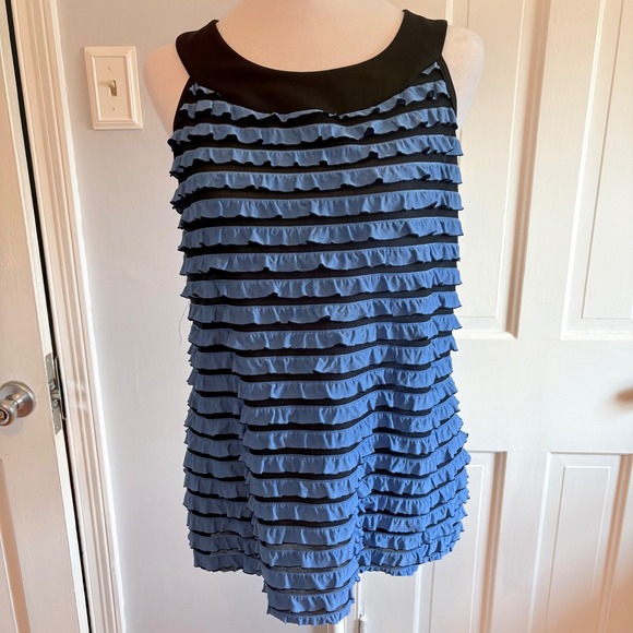 NY Collection Tops - NY Collection Womens Large Tank Top Blue Black Tiered Ruffled Sleeveless Blouse